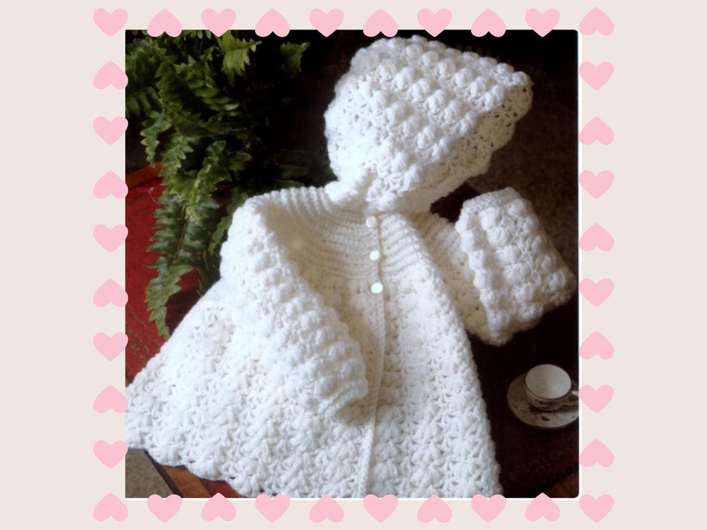 Easy beginner Crochet Pattern PDF Baby Matinee Coat Jacket with Hood -4PLY