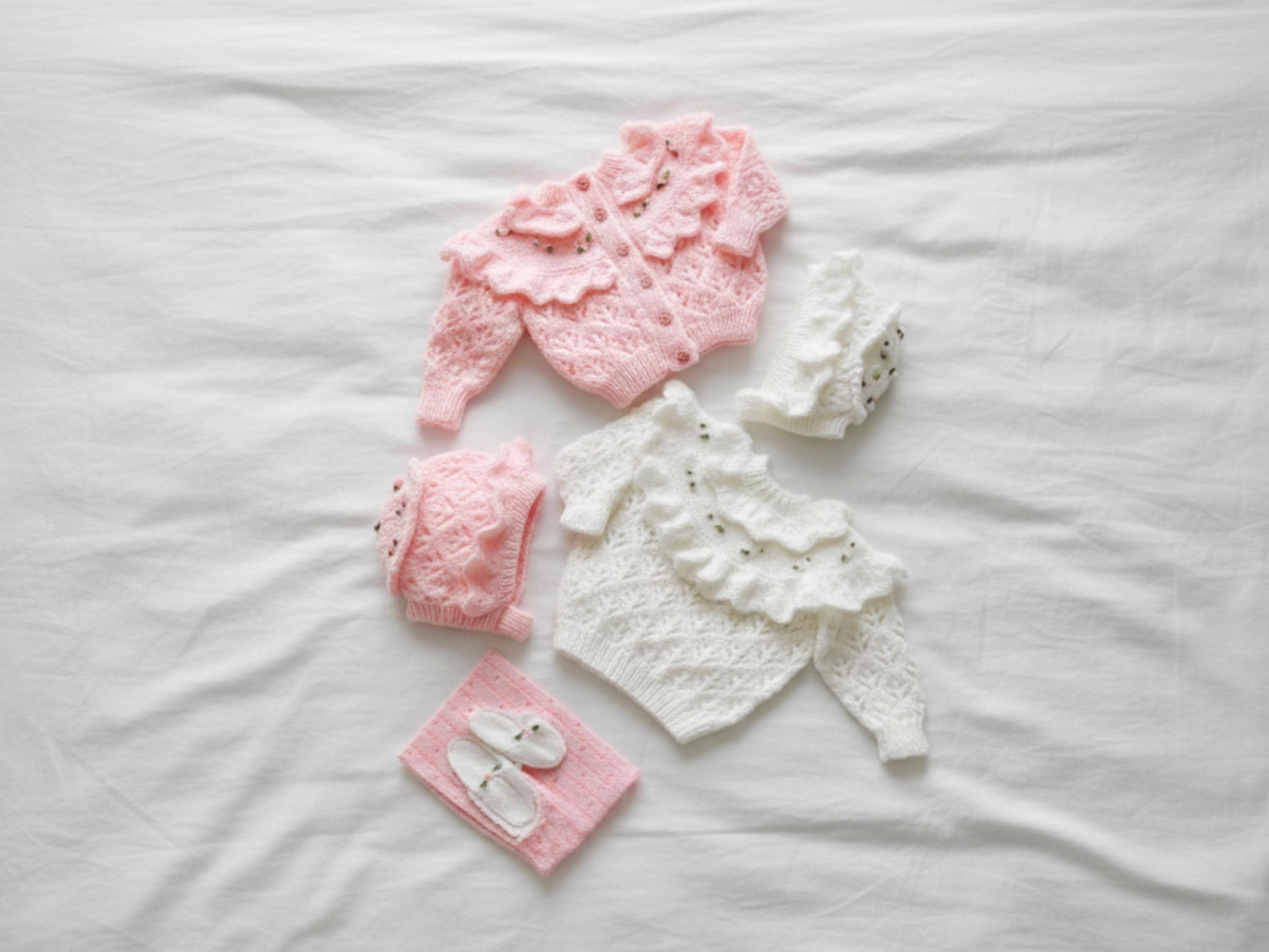 Vintage Baby Girl Knitting Pattern, Frilly Cardigan, Bonnet Set, DK Weight (Digital Download)-Gift for girls birthday-baby shower gift-8ply