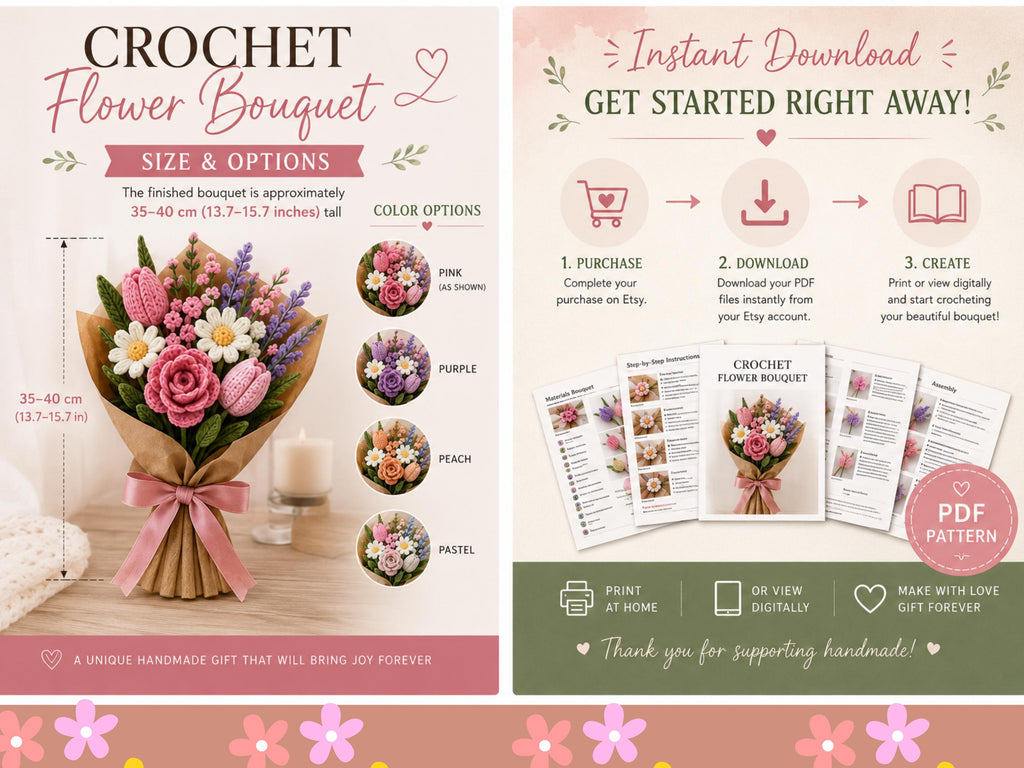 Crochet Flower Pattern -handmade flower bouquet-wedding-valentines birthday -Pdf instant download
