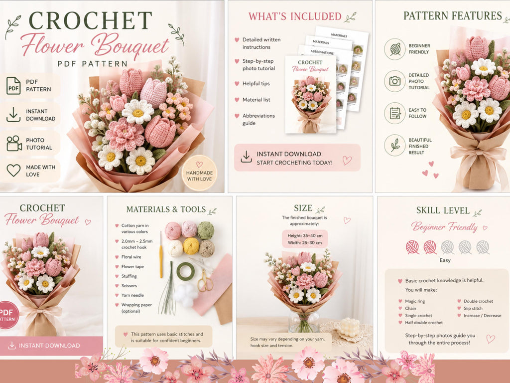 Crochet Flower Pattern -handmade flower bouquet-wedding-valentines birthday -Pdf instant download