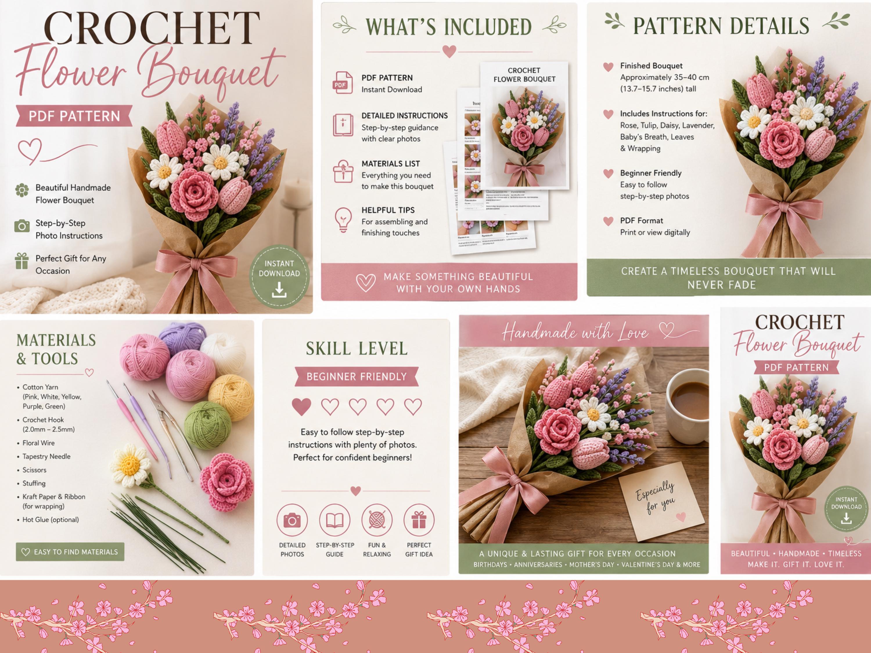 Crochet Flower Pattern -handmade flower bouquet-wedding-valentines birthday -Pdf instant download