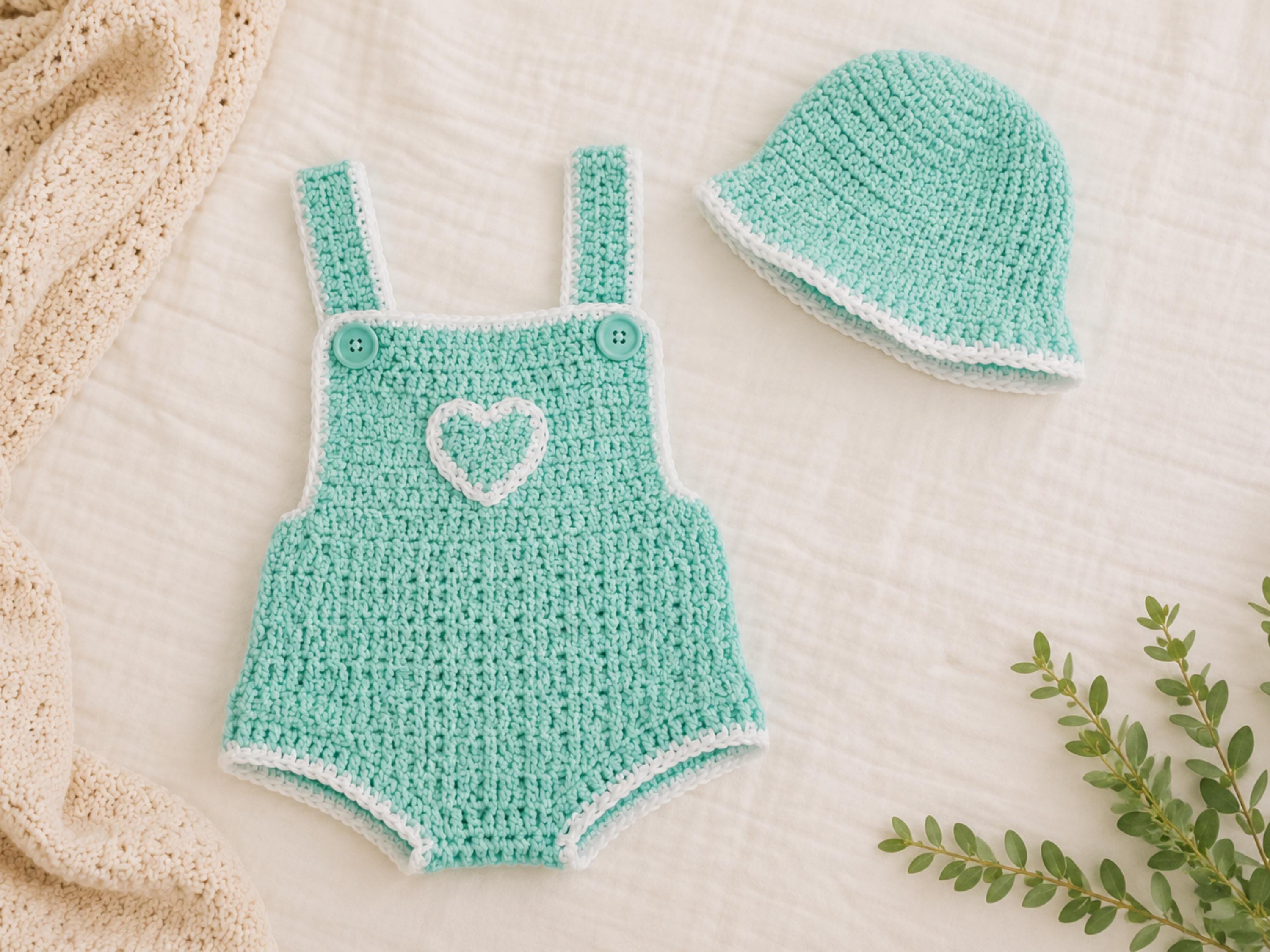 Baby Romper and Hat Crochet Pattern – Easy Aran Yarn Set (0-18 Months) (Digital Download)