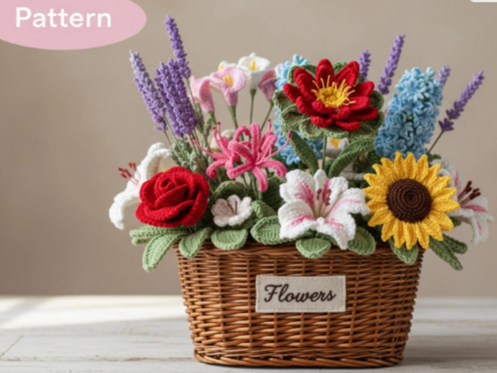 9 Crochet Flower Patterns Bundle Wildflower Basket Bouquet Rose Sunflower Lily PDF Amigurumi Flower Bouquet Pattern (Digital Download)