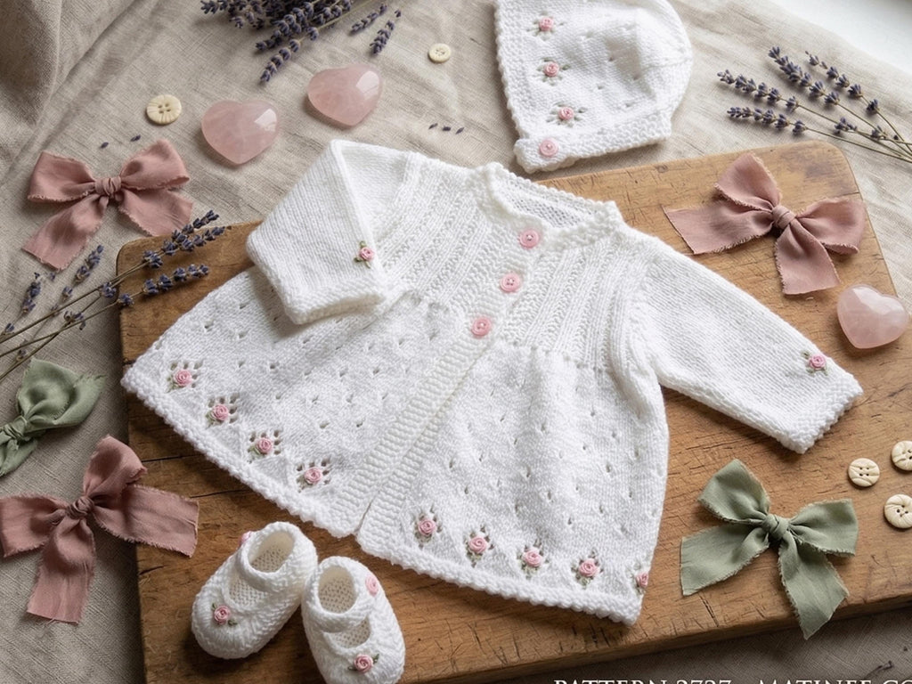Baby Knitting Pattern PDF – Matinee Coat,Bonnet, Mary Janes (DK Sizes 12-20")