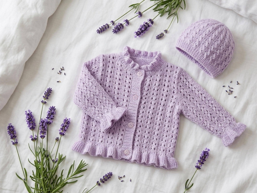 Baby Ruffled Cardigan Knitting Pattern – DK Weight, Lace Edges (PDF)