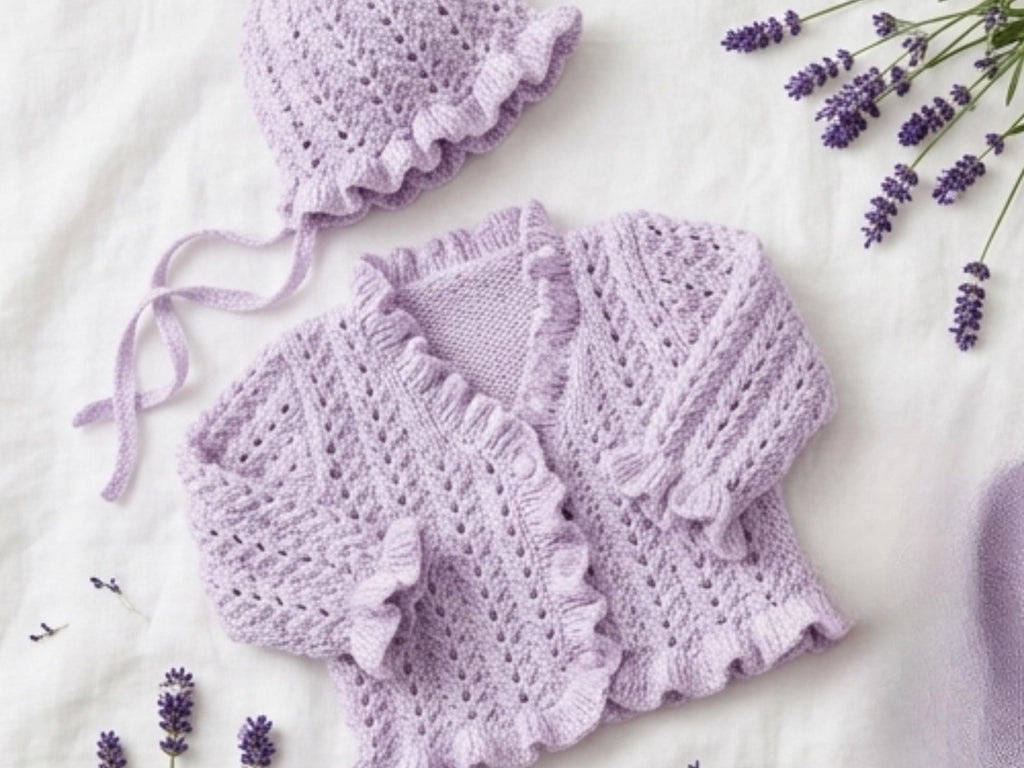 Baby Ruffled Cardigan Knitting Pattern – DK Weight, Lace Edges (PDF)