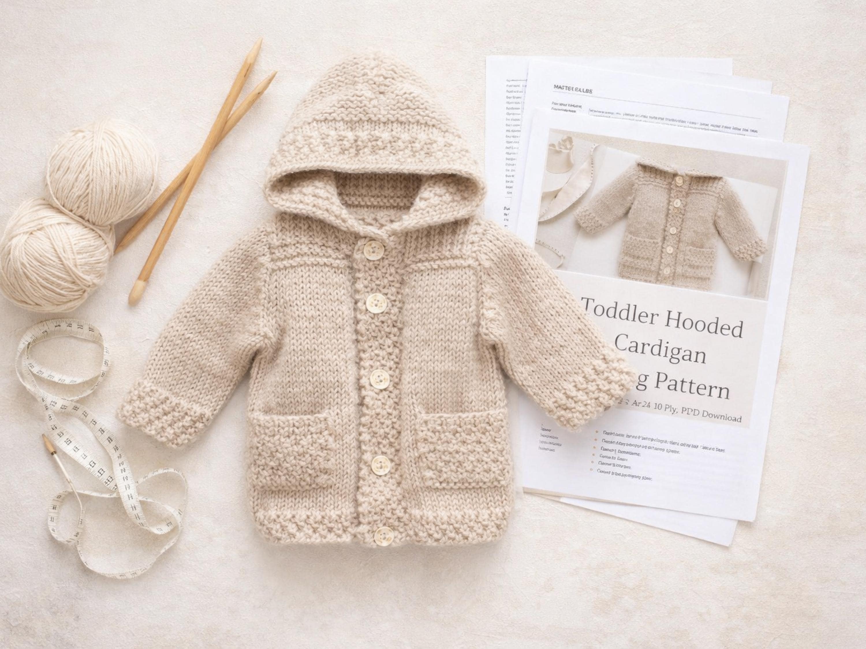 Toddler Hooded Cardigan Knitting Pattern | Easy Aran 10 Ply Sweater PDF (3-24 Months)