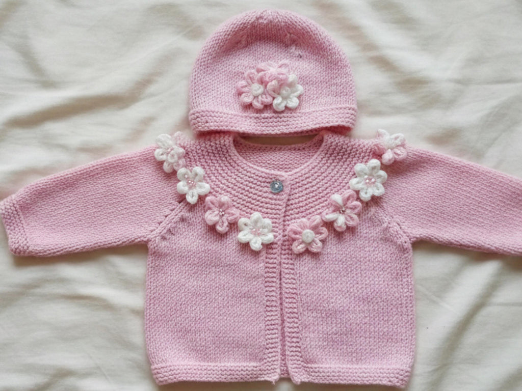knitting patterns for 2yr old girls Baby Knitting Pattern Cardigan, Beanie Hat with Flowers (Digital Download)