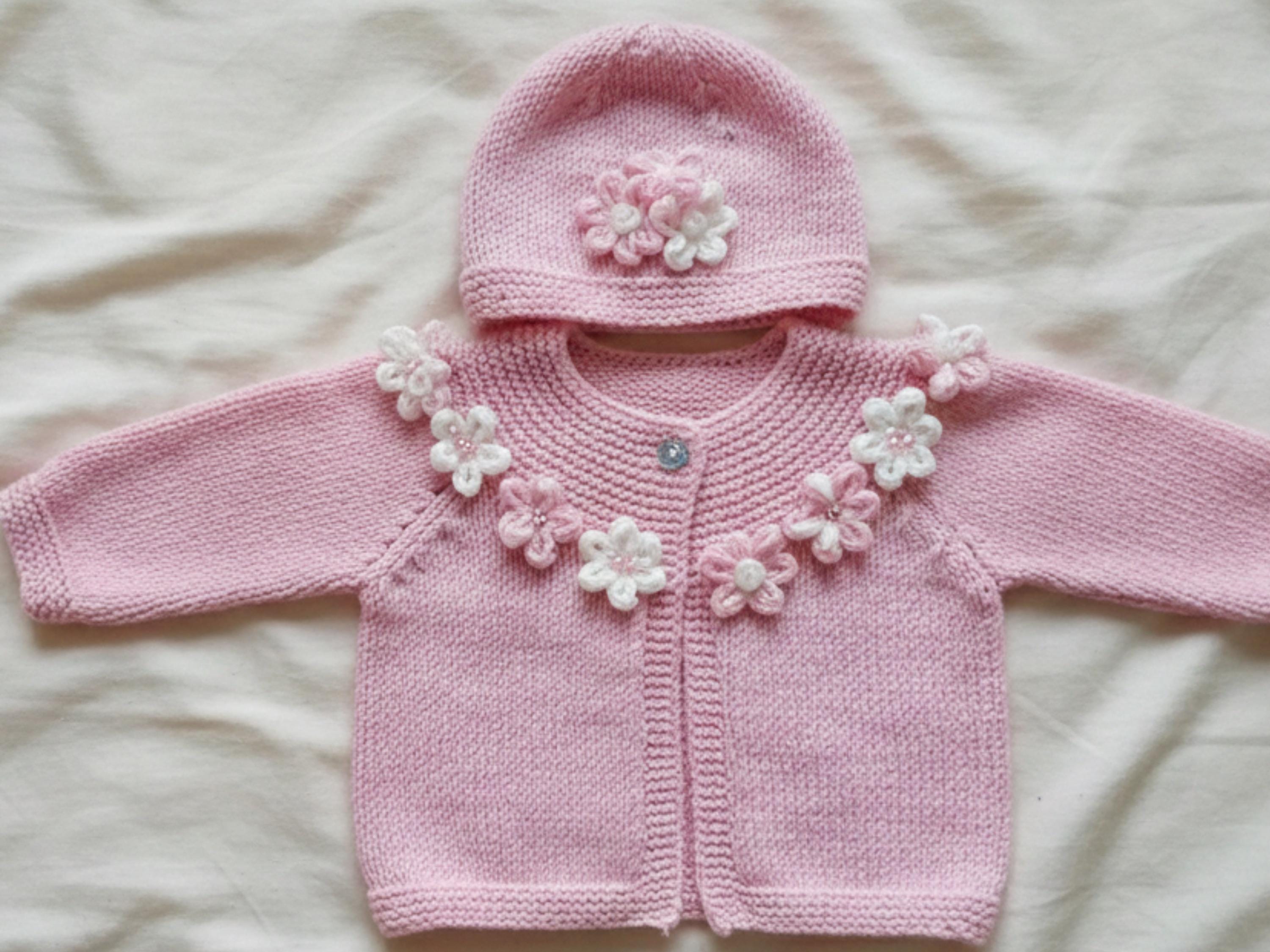 knitting patterns for 2yr old girls Baby Knitting Pattern Cardigan, Beanie Hat with Flowers (Digital Download)