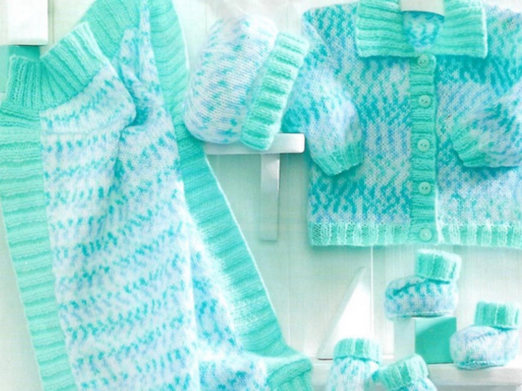 Mint Green Fair Isle Baby Knit Set – Jacket, Hat, Mitts, Bootees, Blanket Knitting Pattern