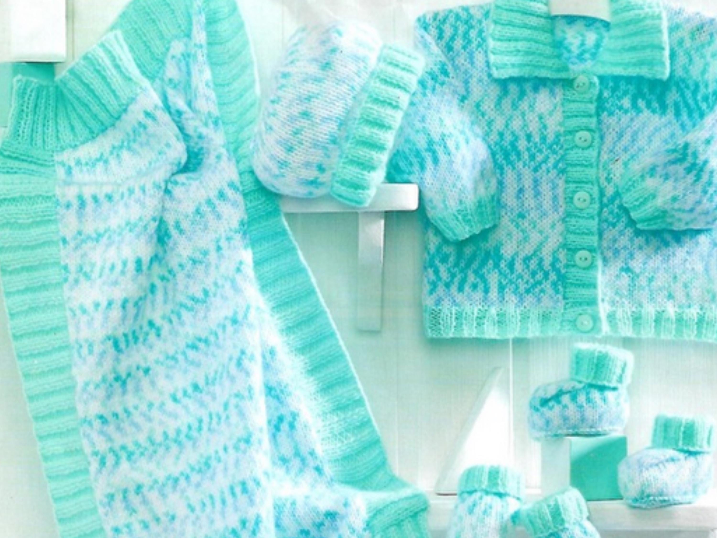 Mint Green Fair Isle Baby Knit Set – Jacket, Hat, Mitts, Bootees, Blanket Knitting Pattern