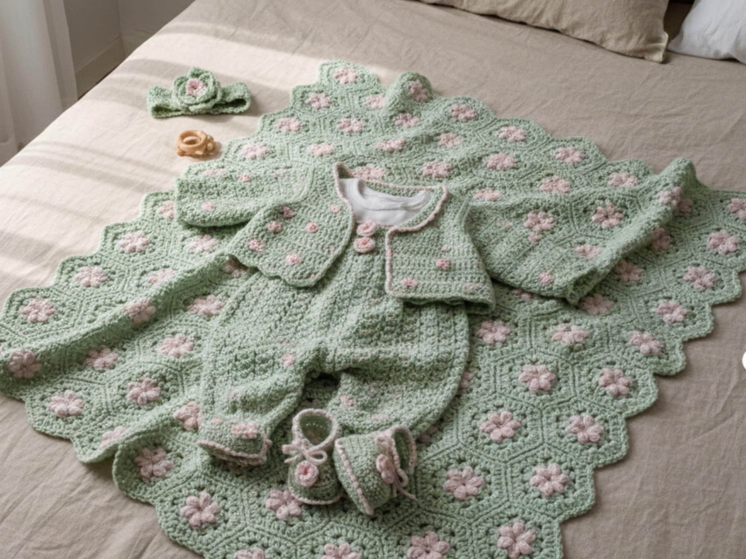 Baby Crochet Pattern PDF – Blanket, Romper, Jacket, Bootees & Headband – 3ply/4ply Yarn – 3–6 Months-Gift for new mom,Gift for baby shower