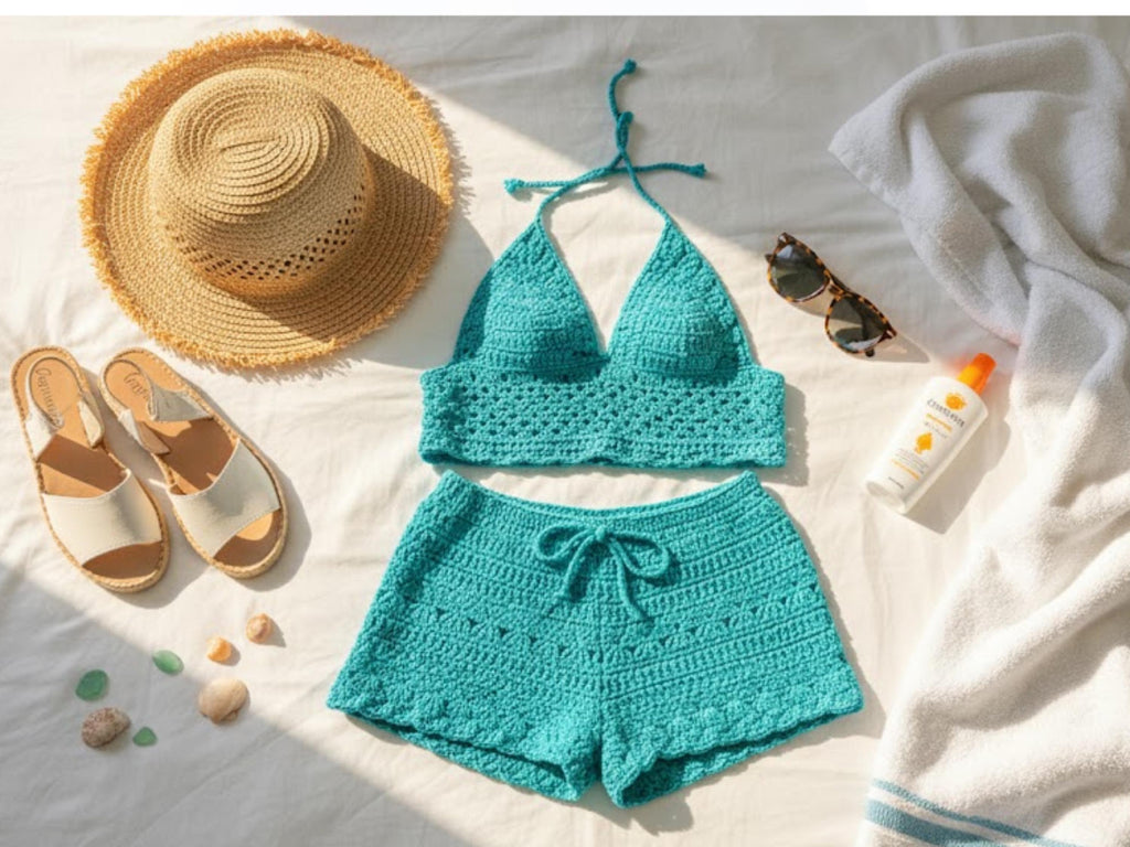 Crochet Pattern swimsuit coverup Cotton Halter Sun Top & Shorts Set | Vintage Boho Beachwear | Festival Outfit | Pool Party Bikini Bra
