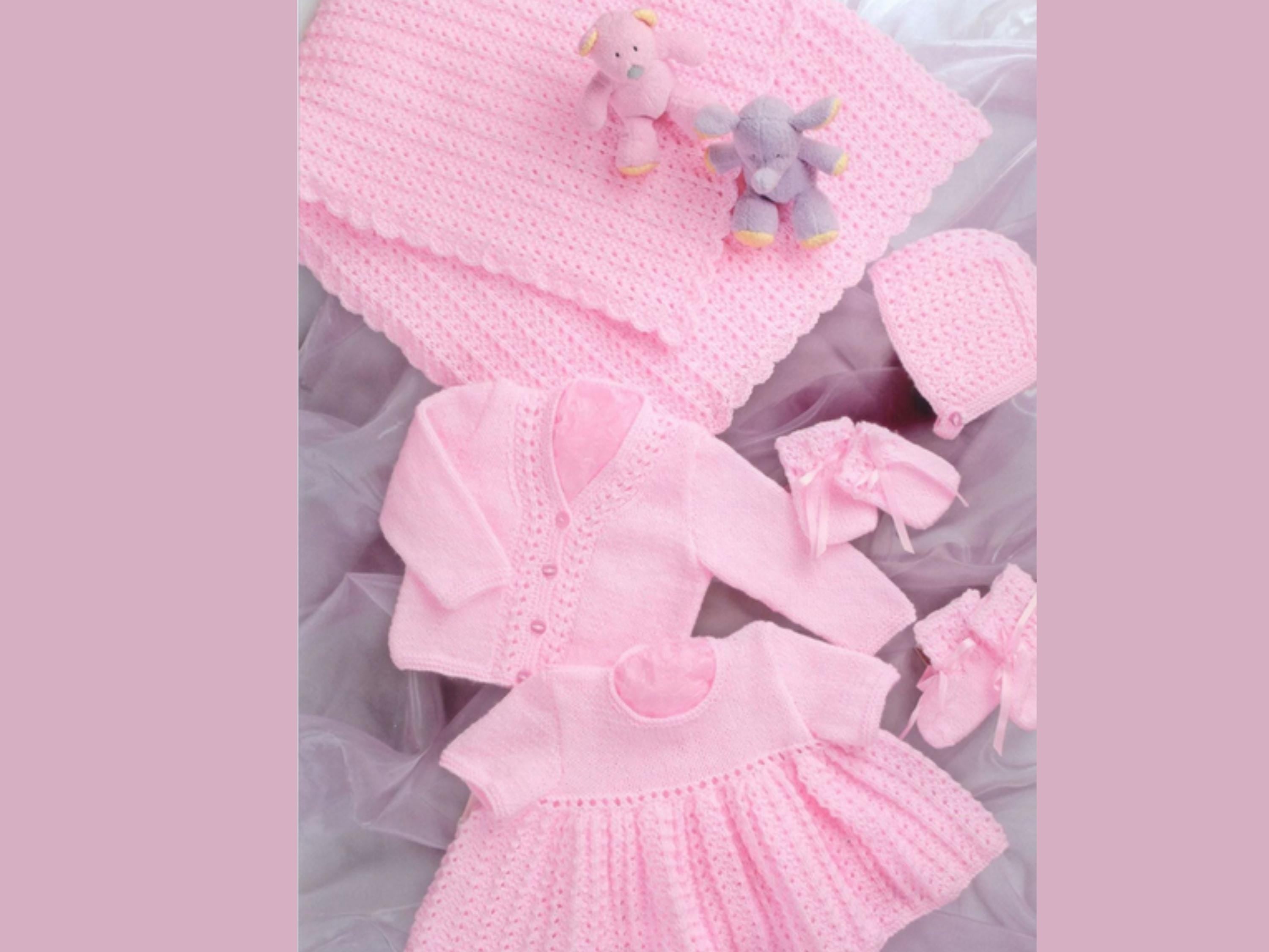 Baby Layette Knitting Pattern – Shawl, Dress, Cardigan, Hat, Mitts, Booties (PDF Pattern)