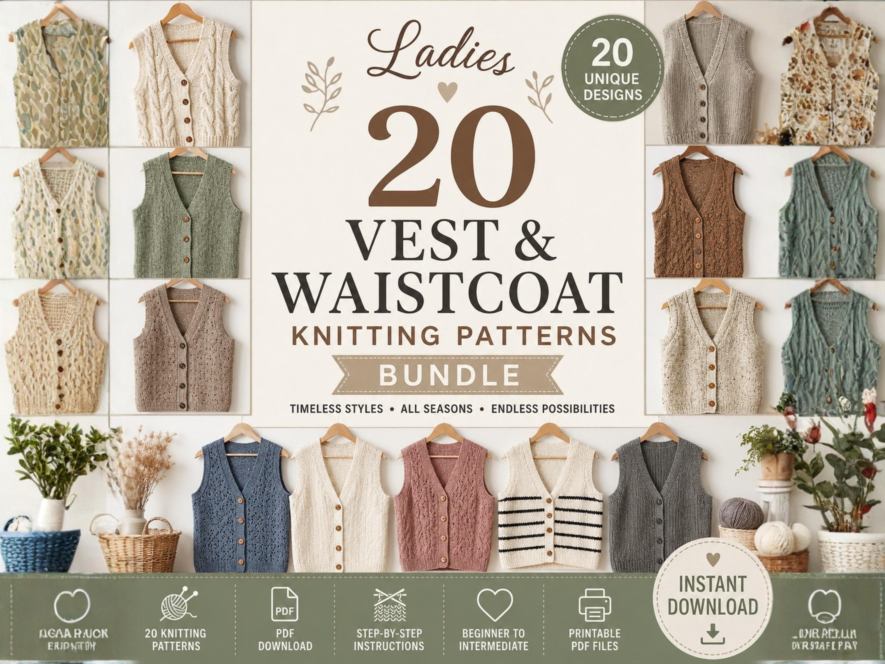 20 Ladies Vest & Waistcoat Knitting Patterns Bundle (PDF Download)