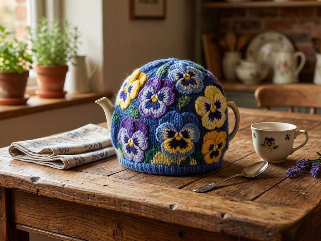 Pansy Garden Tea Cosy Knitting Pattern (PDF Download) – Floral Crochet Teapot Cover