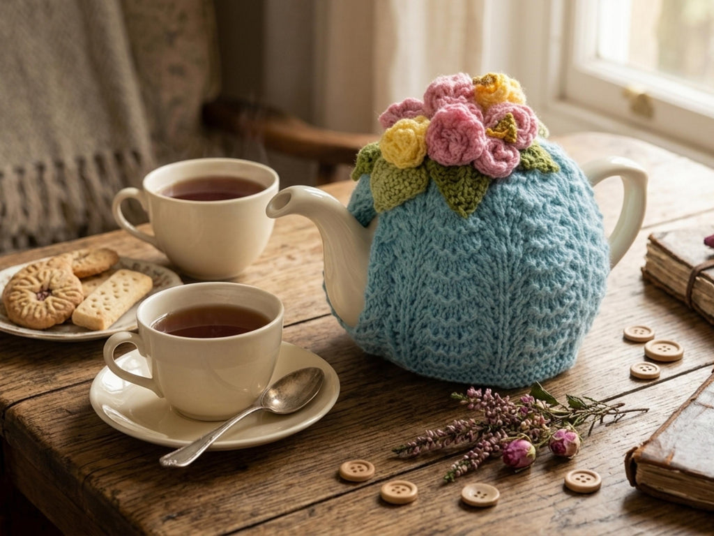 Vintage Floral Tea Cosy Knitting Pattern – English UK Terms (PDF Download)