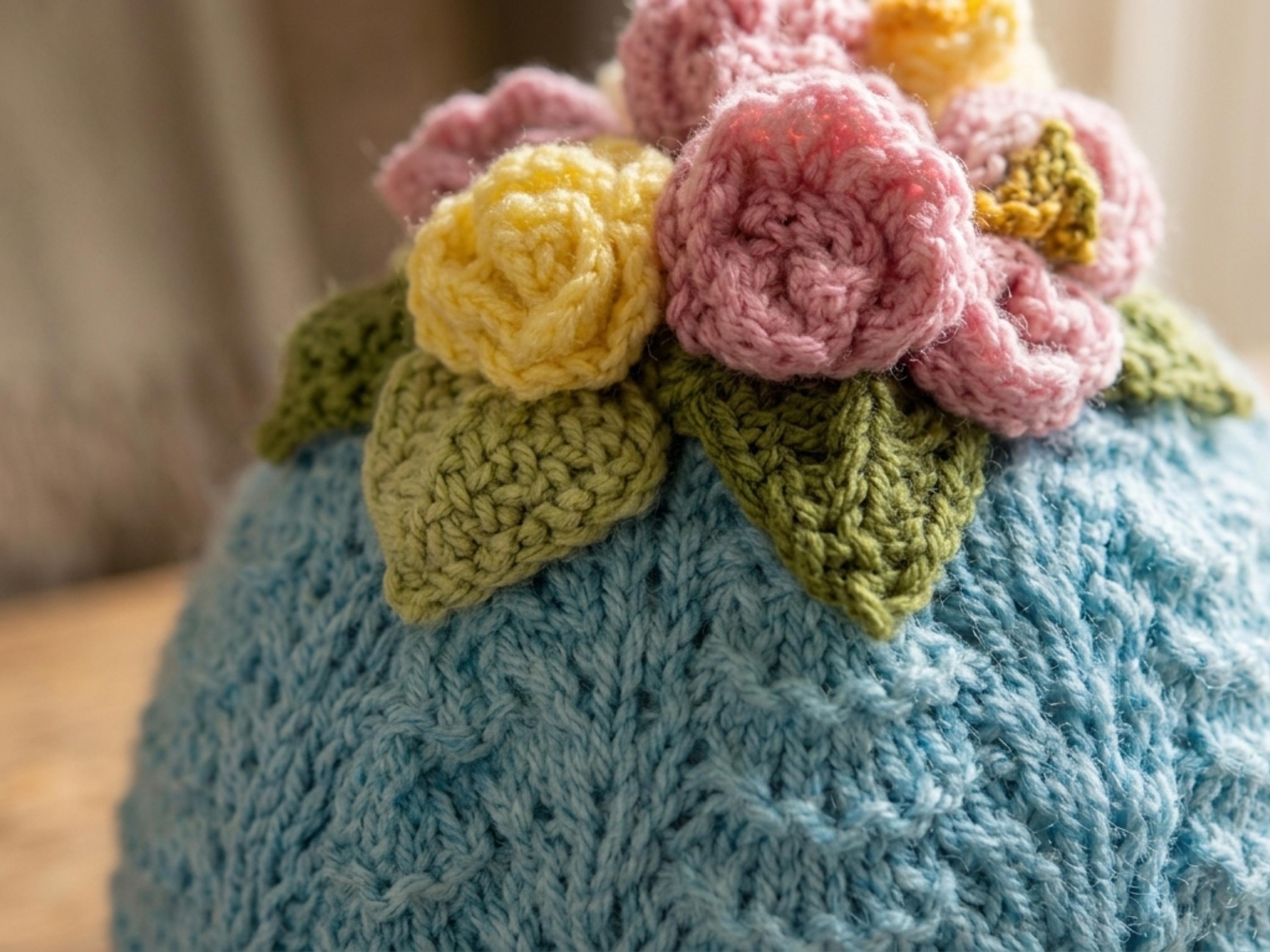 Vintage Floral Tea Cosy Knitting Pattern – English UK Terms (PDF Download)