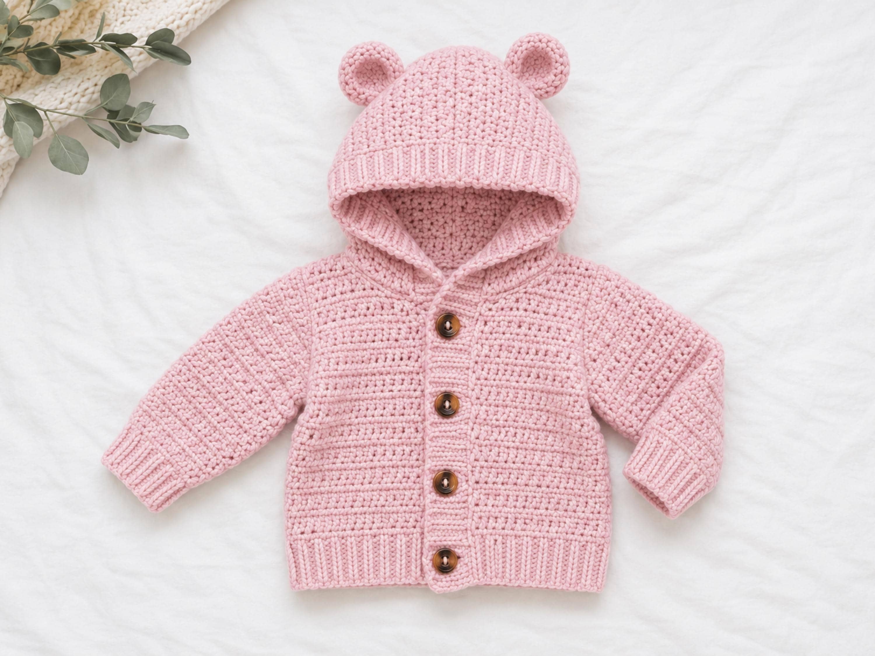 Baby Knitting Pattern Hooded Jacket, Teddy Bear Ears Cardigan 0-3 Years (PDF Download)