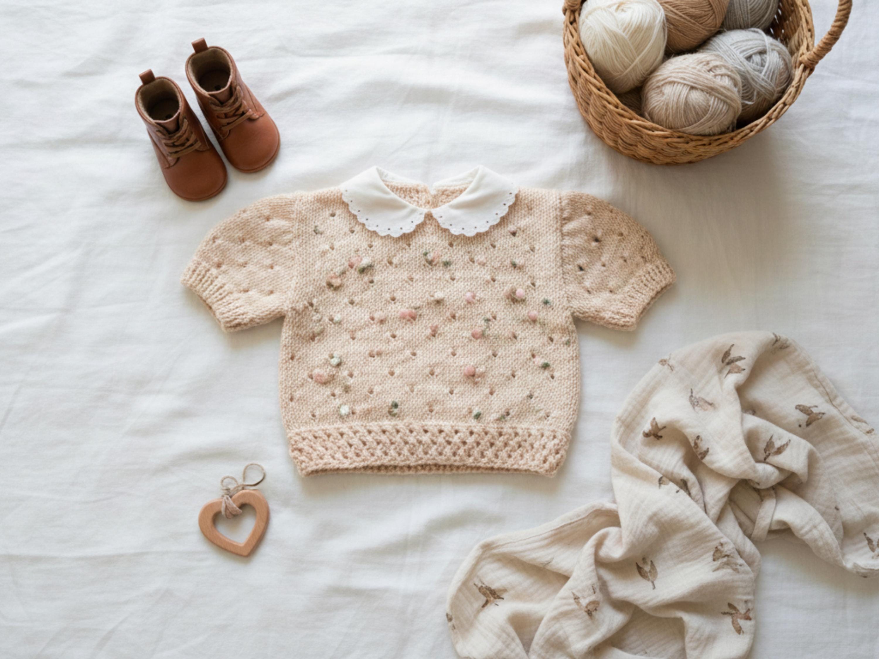 Baby Girl Eyelet Sweater Knitting Pattern – Short Sleeve, DK Yarn (PDF)