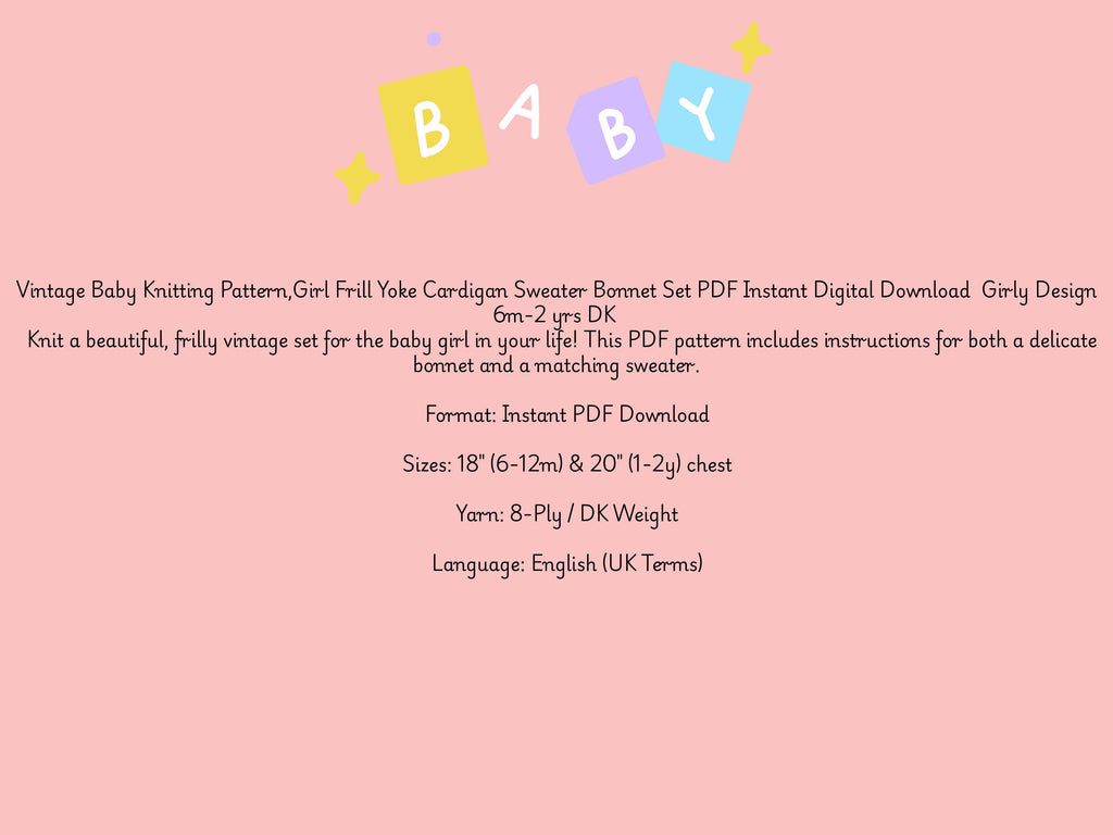 Vintage Baby Girl Knitting Pattern, Frilly Cardigan, Bonnet Set, DK Weight (Digital Download)-Gift for girls birthday-baby shower gift-8ply