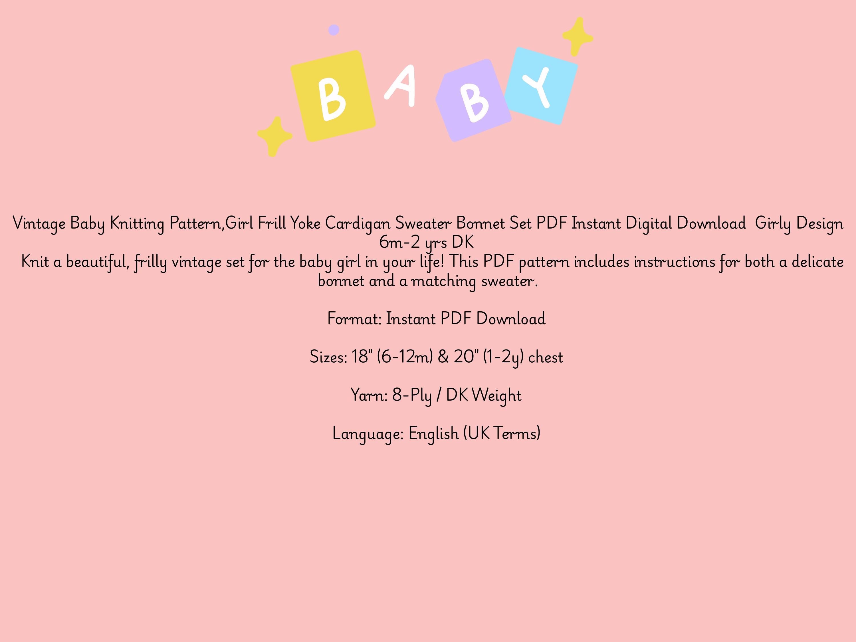 Vintage Baby Girl Knitting Pattern, Frilly Cardigan, Bonnet Set, DK Weight (Digital Download)-Gift for girls birthday-baby shower gift-8ply