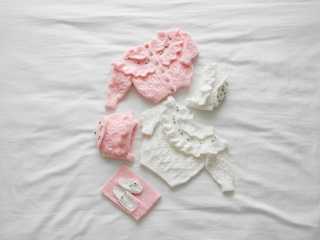 Vintage Baby Girl Knitting Pattern, Frilly Cardigan, Bonnet Set, DK Weight (Digital Download)-Gift for girls birthday-baby shower gift-8ply
