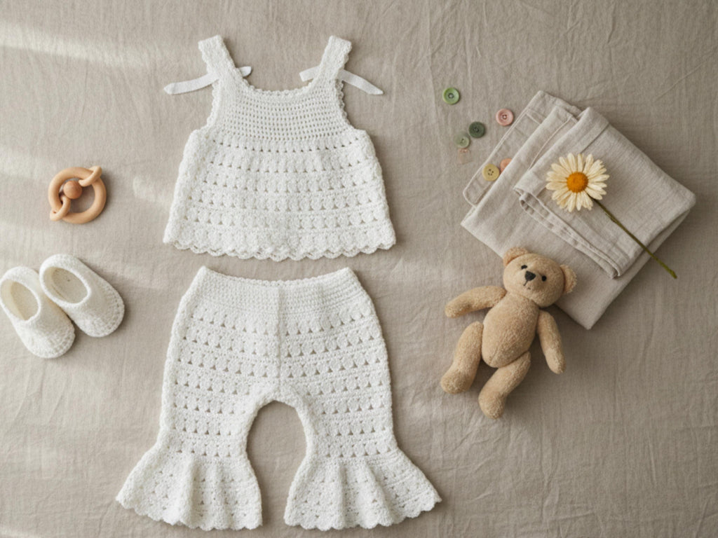 Vintage 1970s Crochet Baby Pants Set Pattern – Boho Lace Top, Summer Outfit (PDF Download)