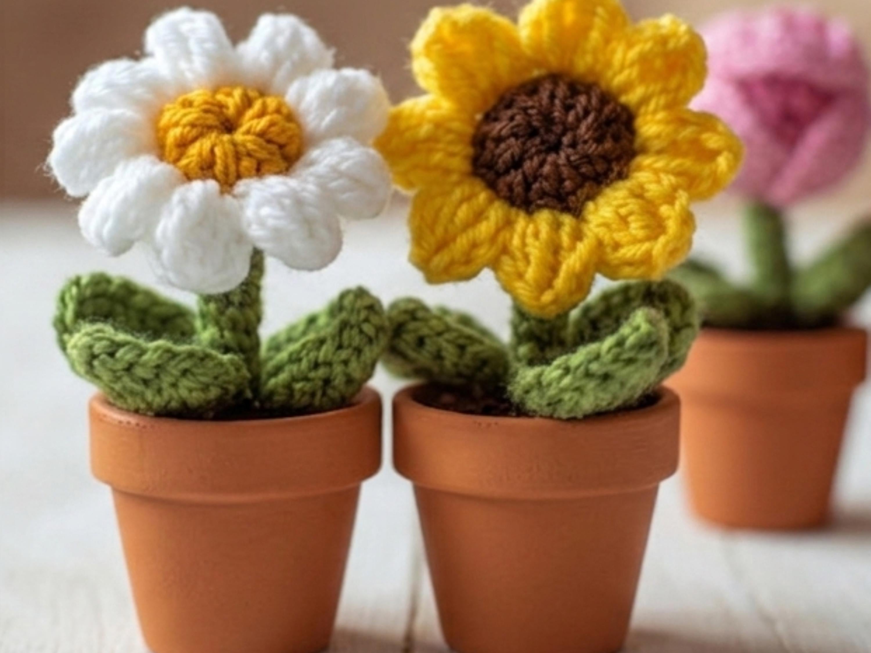 Mini Crochet Flower Pot Patterns Bundle | Daisy, Sunflower, Tulip, Violet, Heart (PDF Download)