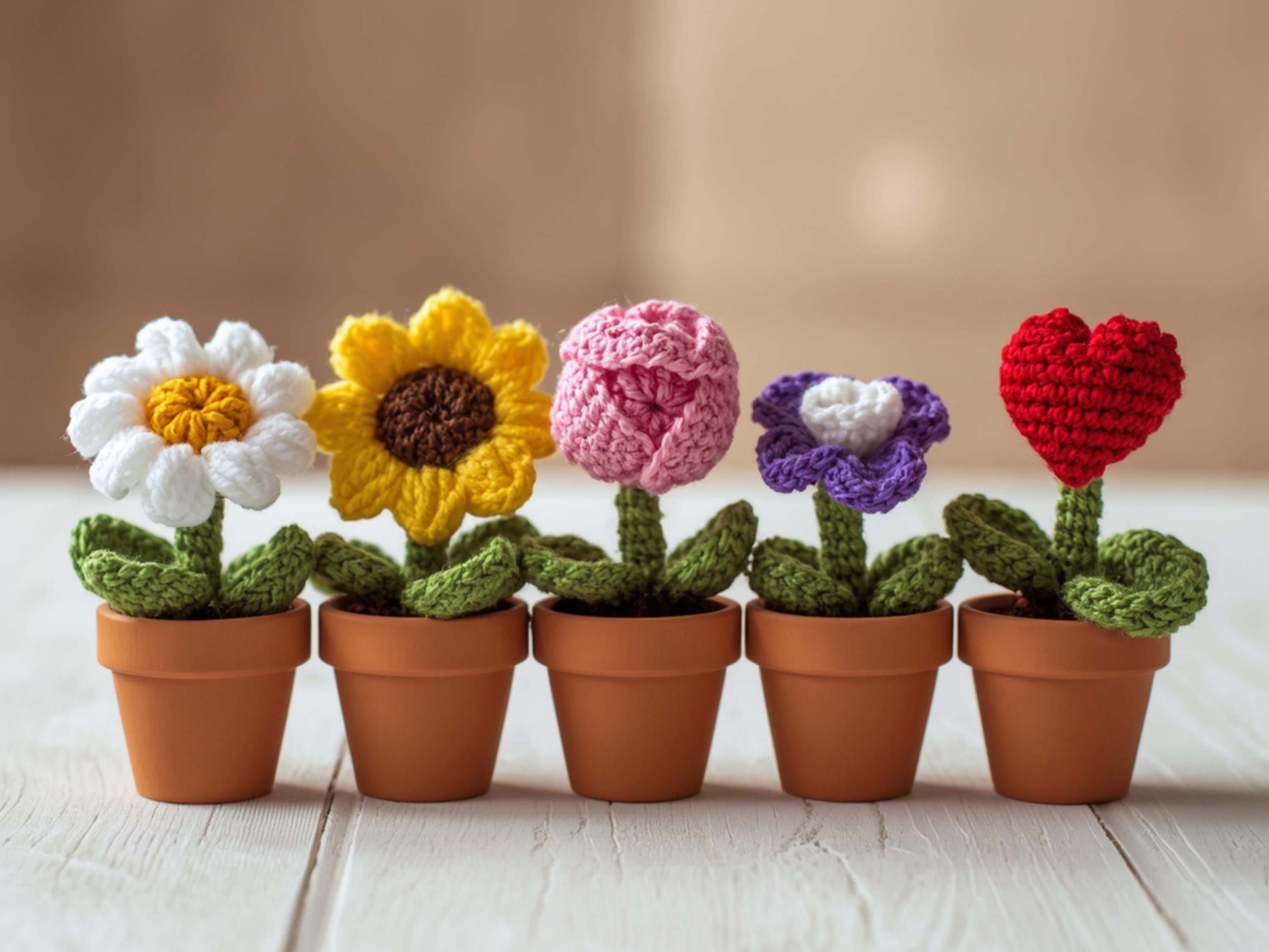 Mini Crochet Flower Pot Patterns Bundle | Daisy, Sunflower, Tulip, Violet, Heart (PDF Download)