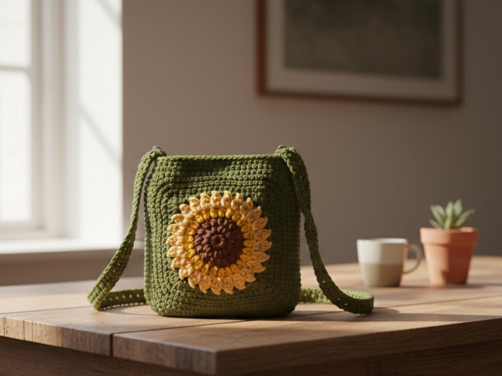 Golden Bloom Crochet Satchel Pattern | Sunflower Boho Bag (PDF Download)