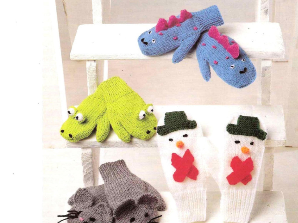 RETIREMENT SALE *Christmas knitting patterns-Novelty Animal Mittens Knitting Pattern, Kids Frog Dinosaur Snowman Cat Rabbit (PDF Download)