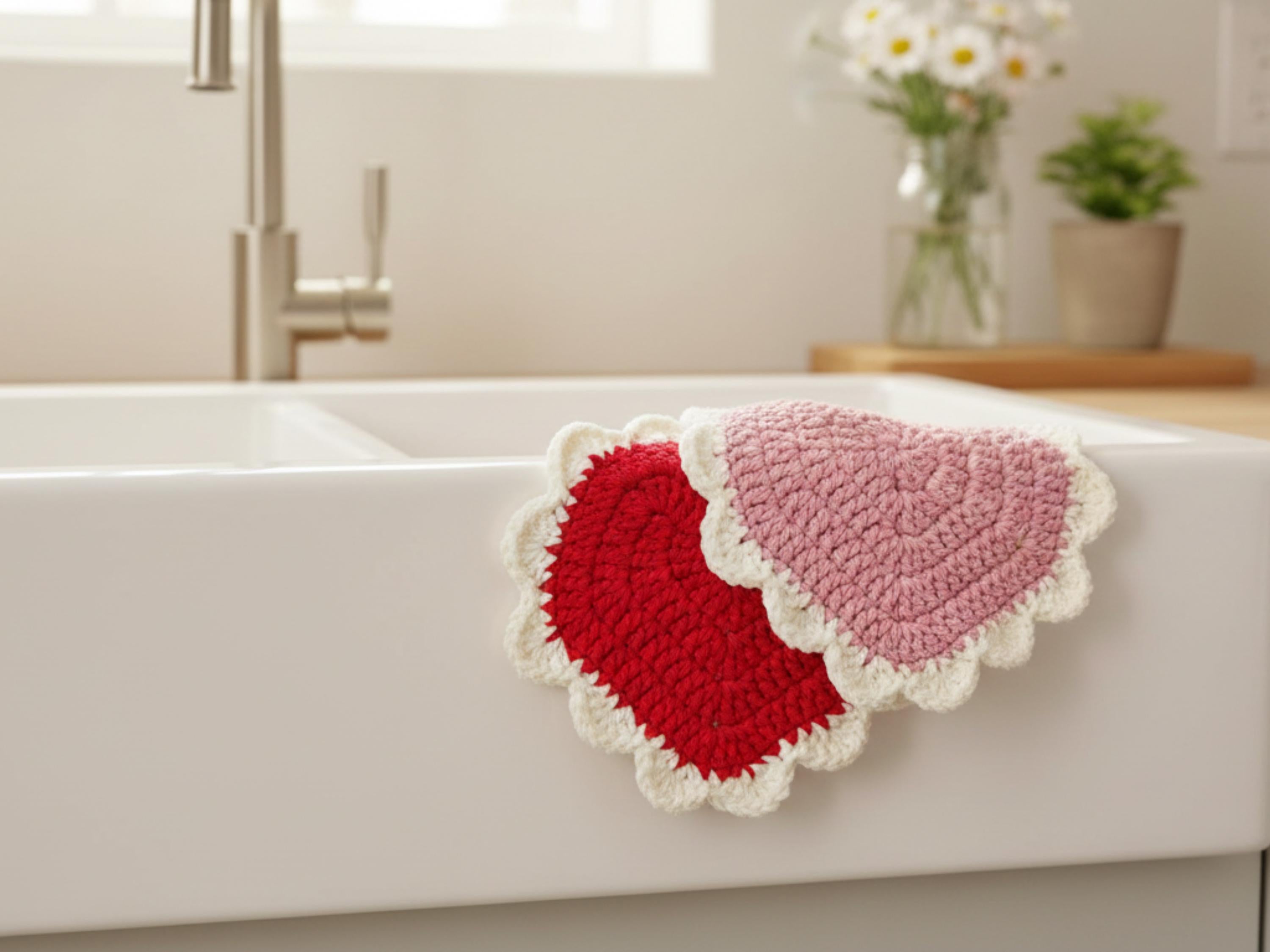 Sweet Hearts Crochet Dishcloth Pattern – Beginner Friendly, Vintage Shell Border (PDF Download)