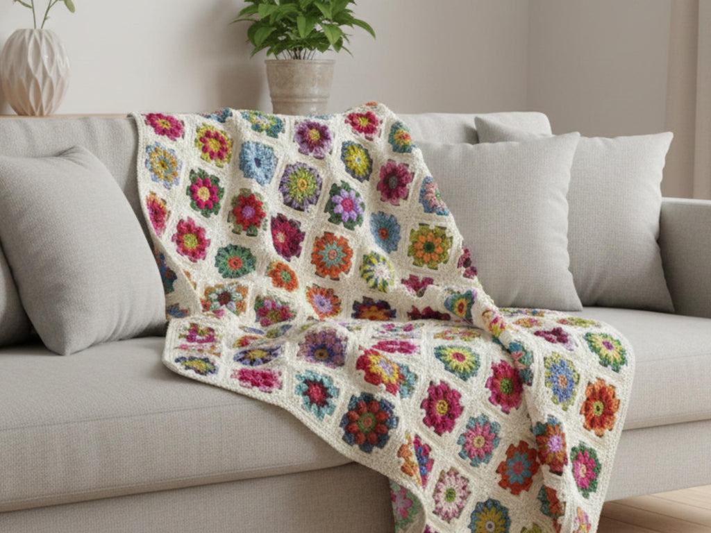 Crochet Pattern PDF: Roses, Daisies Floral Granny Square Afghan Throw (Digital Download)