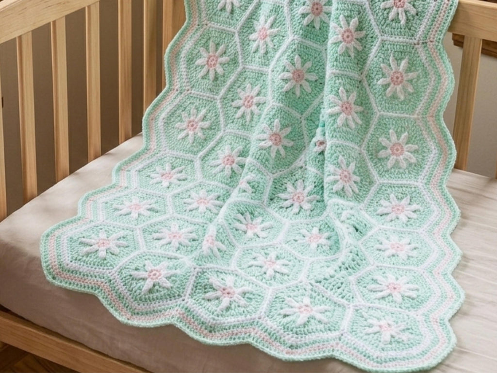 Baby Crochet Blanket pattern -Daisy Hexagon Crochet Baby Blanket Pattern – Vintage Flower Afghan PDF (Instant Download)