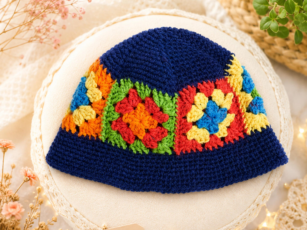 Crocheted Granny Square Bucket Hat, Pastel Boho Cotton Sun Hat (PDF Pattern)