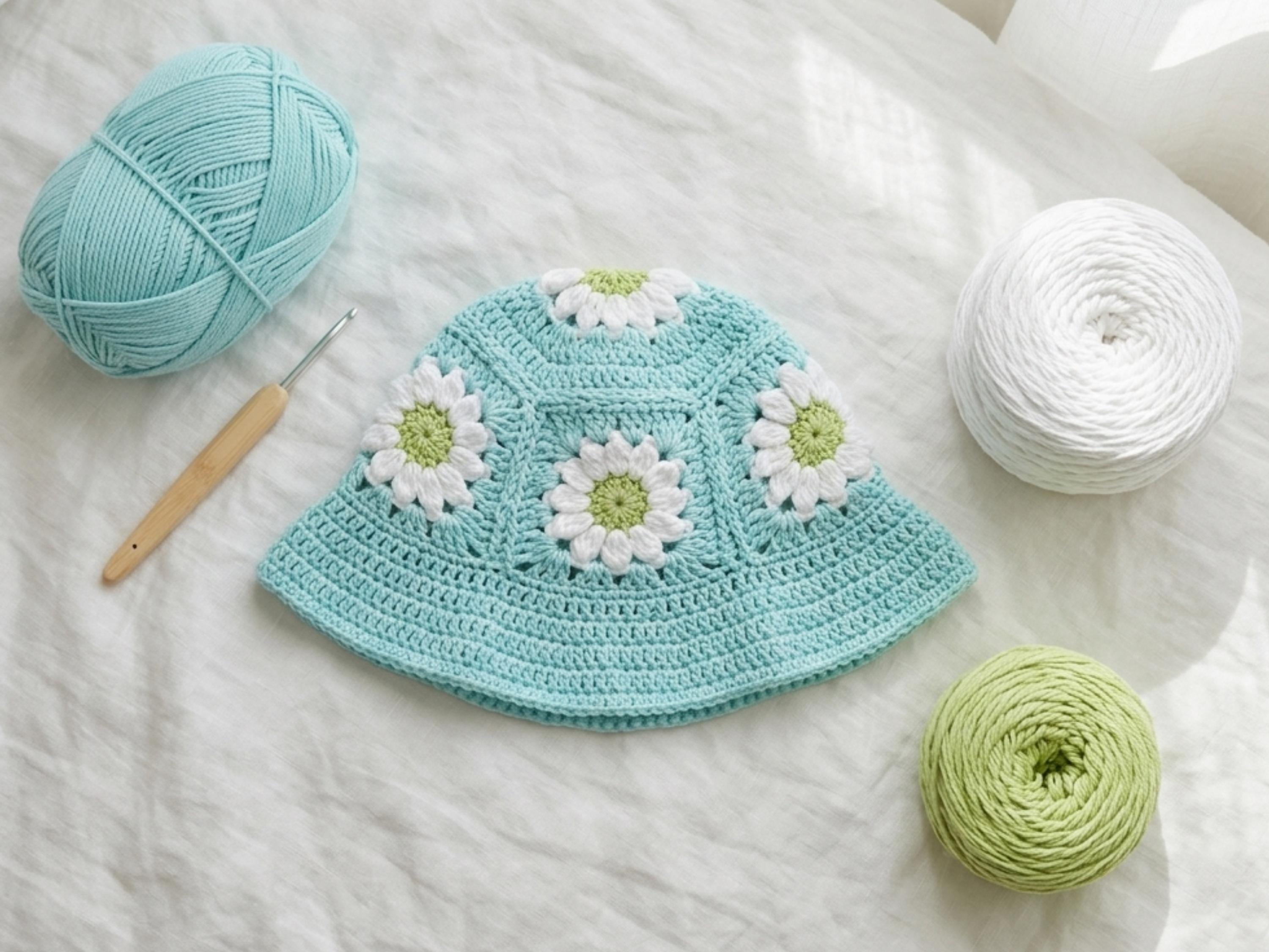 Crochet Granny Square Bucket Hat, Pastel Boho Cotton Sun Hat (PDF Pattern)