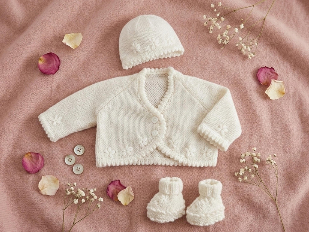 Baby Knitting Pattern: Cardigan, Beanie, Booties (PDF Download) – Easy 0-6 Months UK Terms