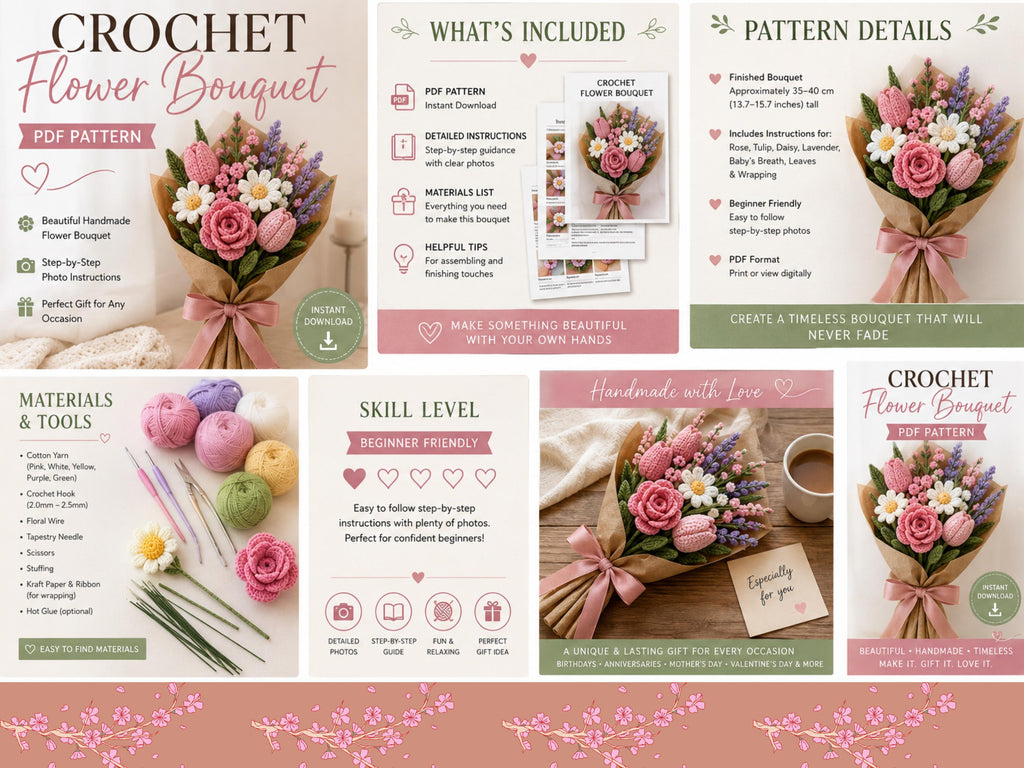 Crochet Flower Pattern -handmade flower bouquet-wedding-valentines birthday -Pdf instant download