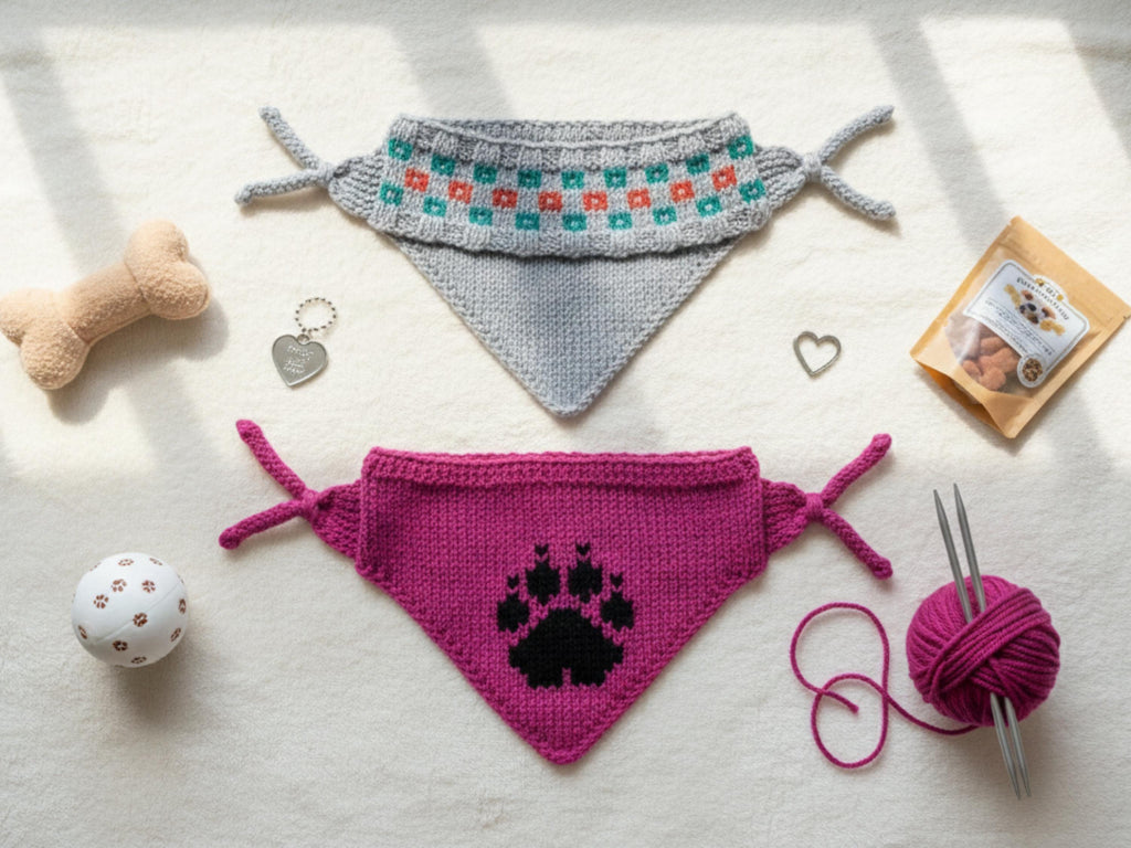 Knitting patterns for dog Dog Scarf Bandana Knitting Pattern | Paw Print, Fair Isle | DK 8-Ply (Digital Download)
