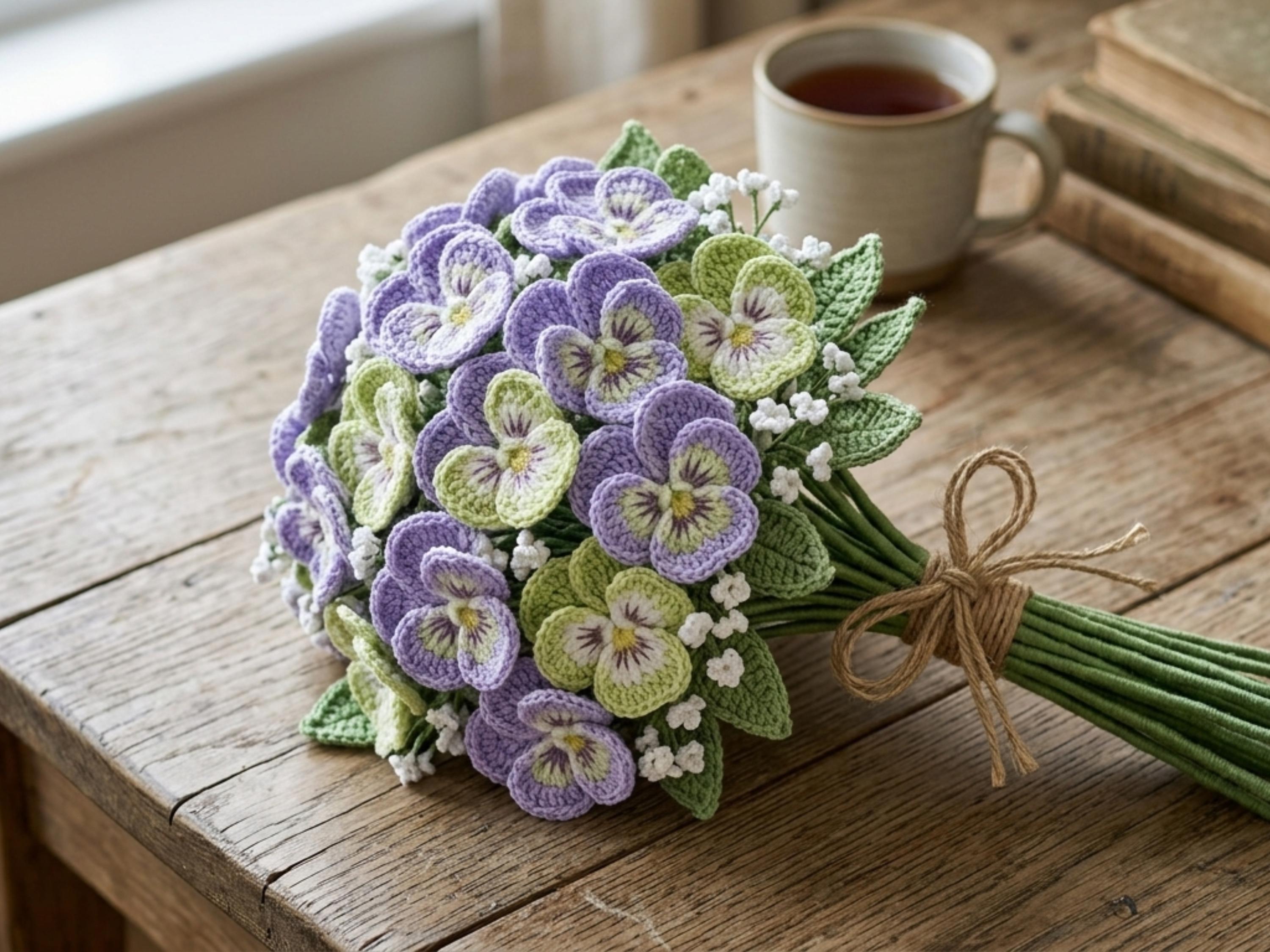 Crochet Pansy Flower Pattern – Realistic House Plant Appliqué (PDF Download)