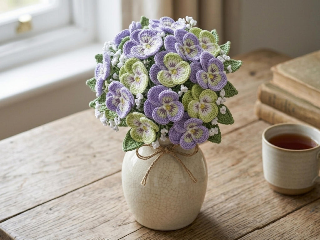 Crochet Pansy Flower Pattern – Realistic House Plant Appliqué (PDF Download)