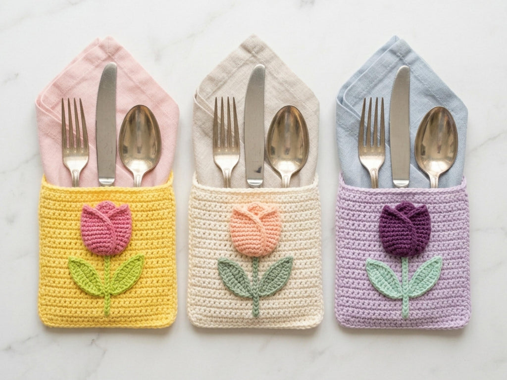 Crochet Pattern — Floral Cutlery Holder, Spring Table Décor, PDF Download