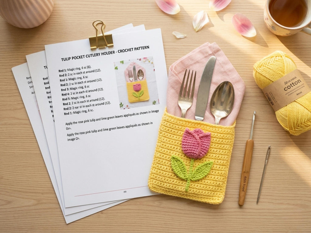 Crochet Pattern — Floral Cutlery Holder, Spring Table Décor, PDF Download