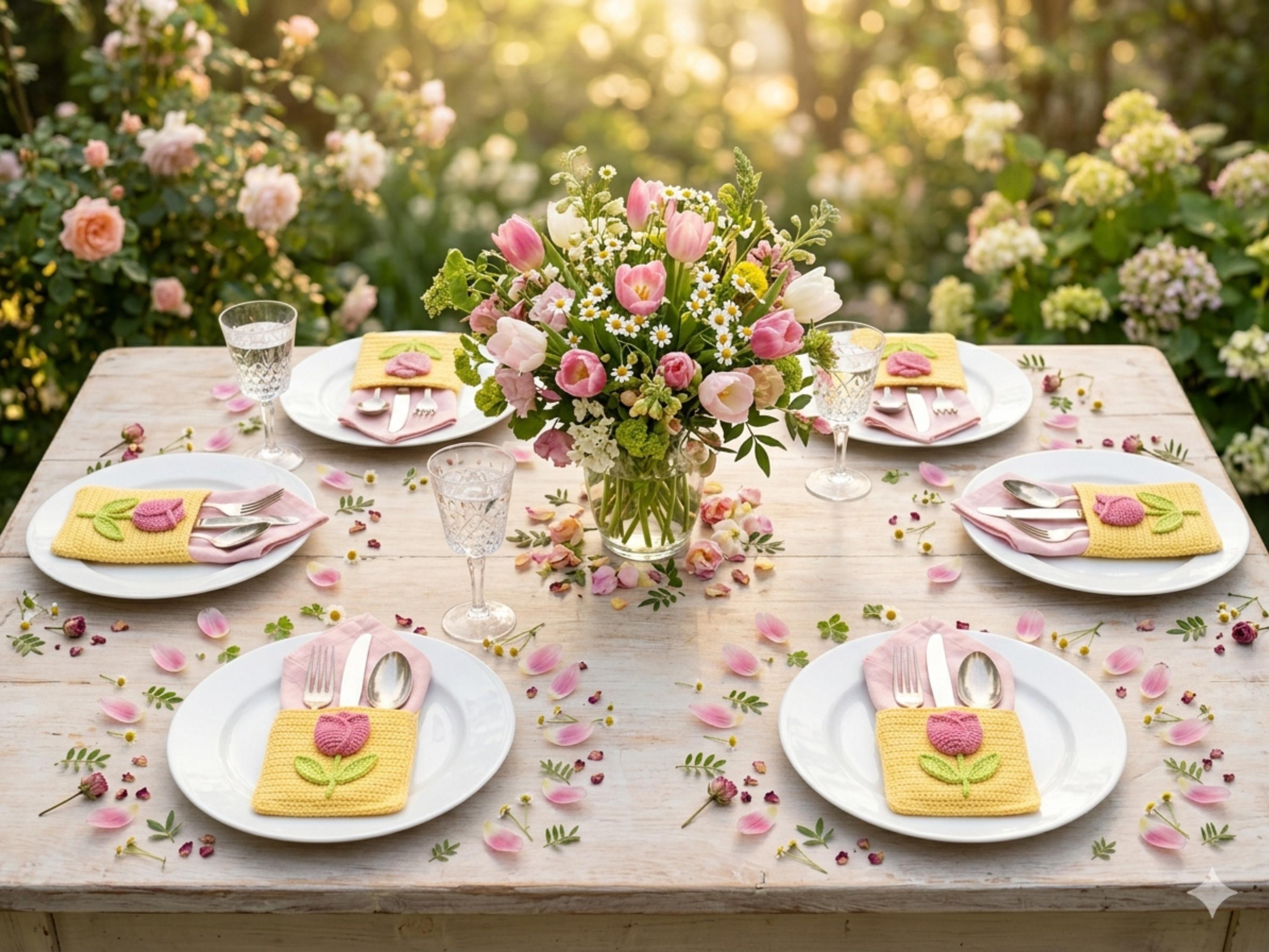 Crochet Pattern — Floral Cutlery Holder, Spring Table Décor, PDF Download