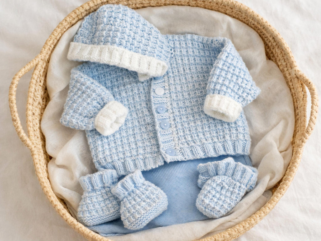 Baby Hooded Jacket Knitting Pattern, Mitten Bootee Set, Vintage Newborn Layette (PDF Download)