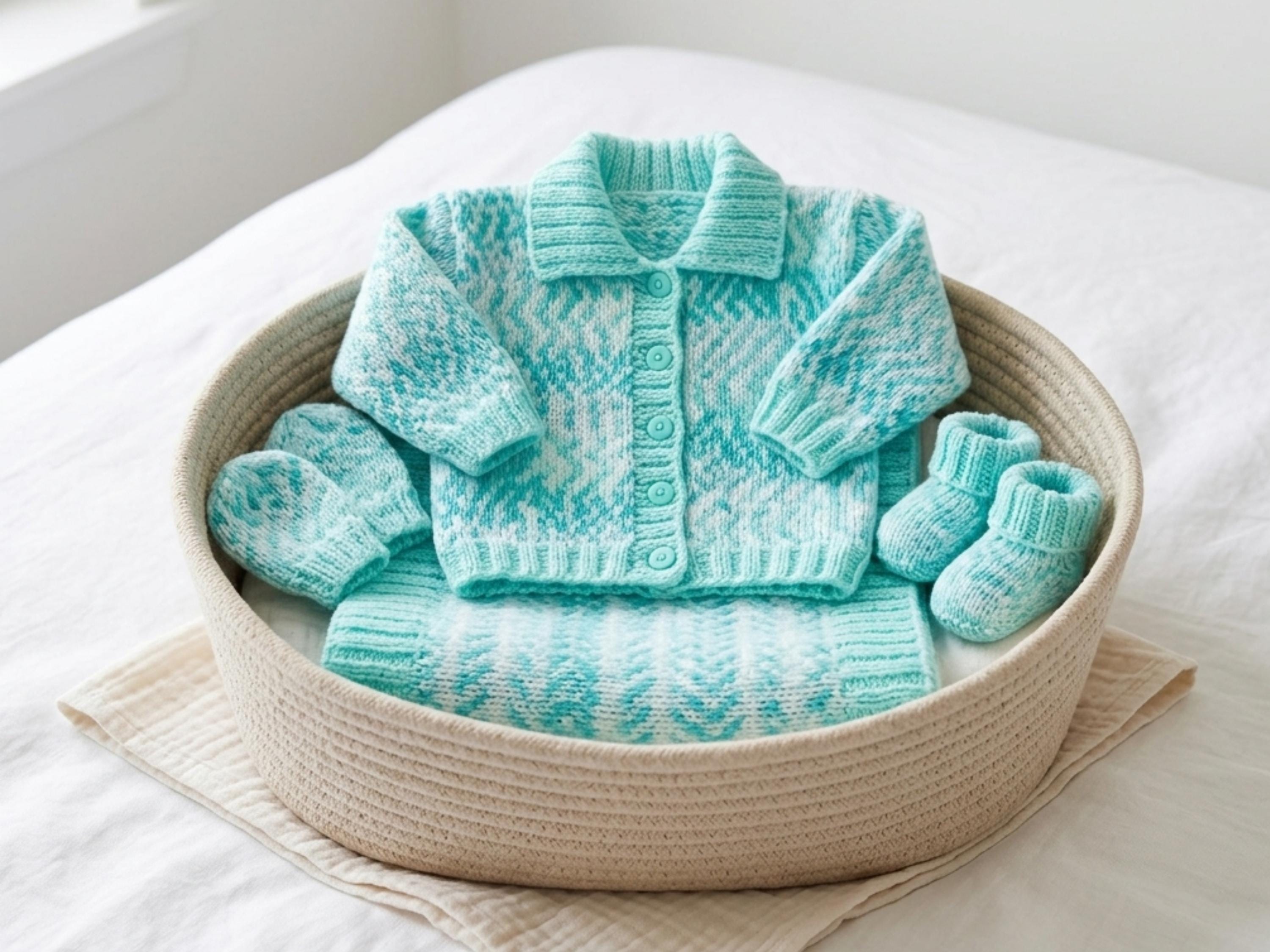Mint Green Fair Isle Baby Knit Set – Jacket, Hat, Mitts, Bootees, Blanket Knitting Pattern