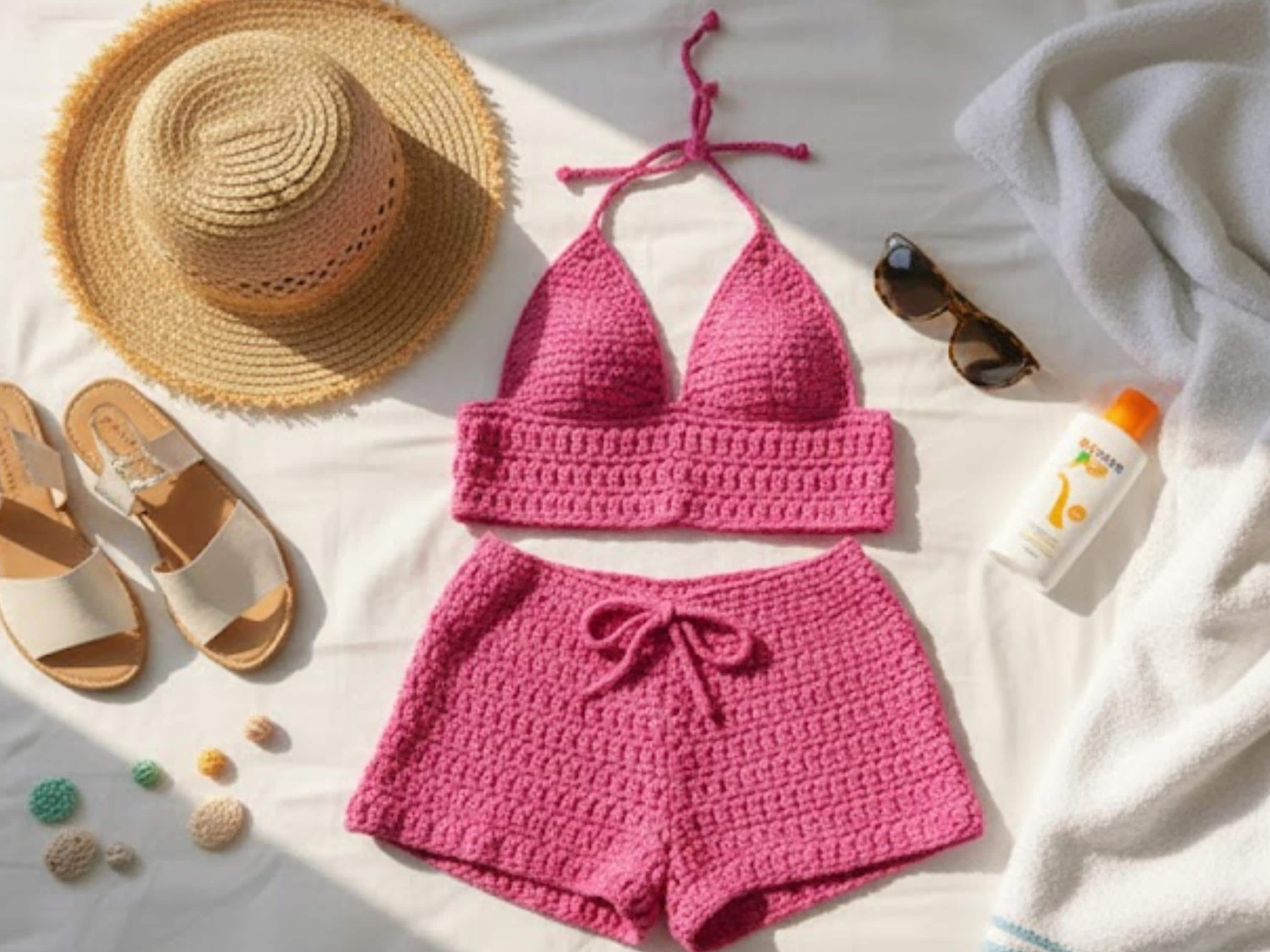 Crochet Pattern swimsuit coverup Cotton Halter Sun Top & Shorts Set | Vintage Boho Beachwear | Festival Outfit | Pool Party Bikini Bra