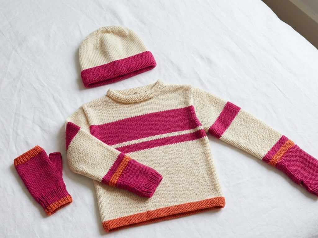 Girls Bright Stripe Sweater, Hat, Mitts Knitting Pattern (PDF Download) – Sizes 2-10