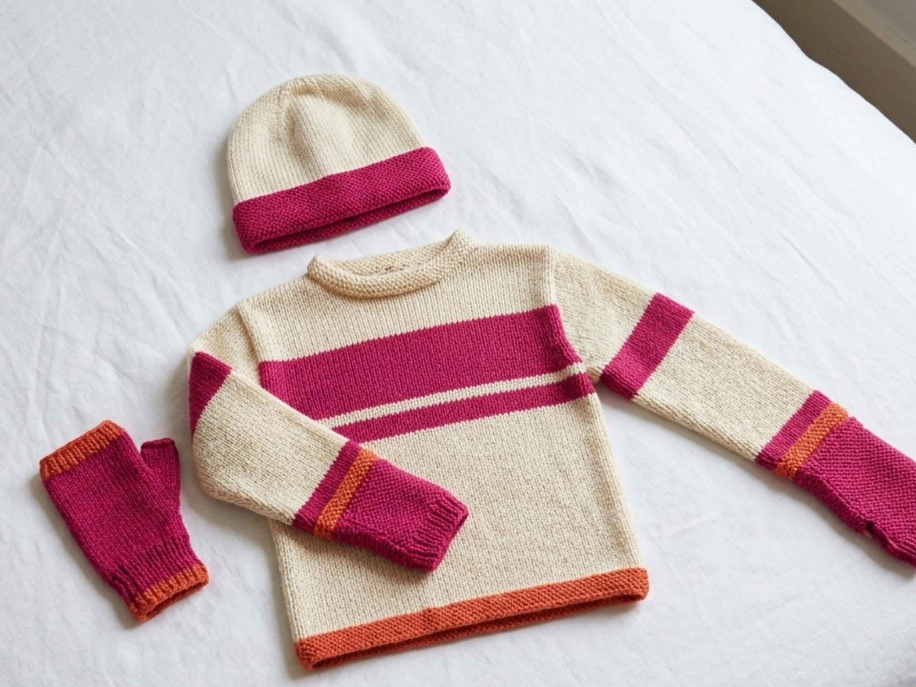 Girls Bright Stripe Sweater, Hat, Mitts Knitting Pattern (PDF Download) – Sizes 2-10